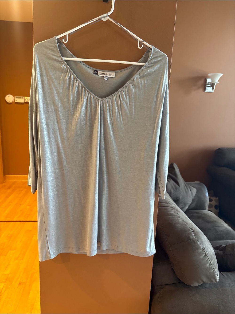 Jennifer Lopez Pale Blue V-Neck Gathered Tunic Top